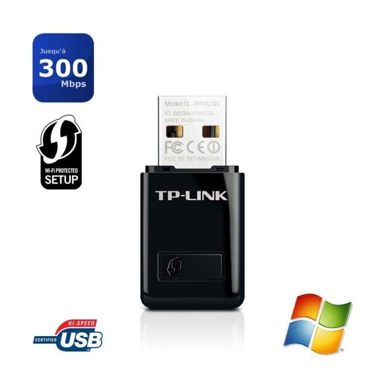 Clé WiFi Puissante - TP-LINK - N300 Mbps - Mini adaptateur USB wifi, dongle wifi - Compatible Win 10/8.1/8/7/XP - TL-WN823N