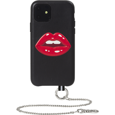 Coque iPhone 11 Bastille en Cuir avec Motif Bouche en relief et chaine