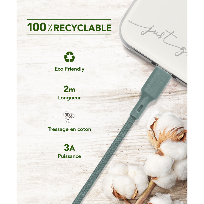 Image secondaire de Câble Recyclable en coton USB C/USB C 2m 3A Night Green Just Green