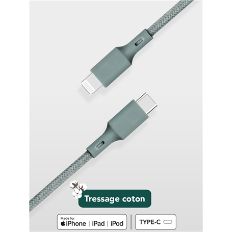 Câble Recyclable en coton USB C/Lightning 2m Night Green Just Green