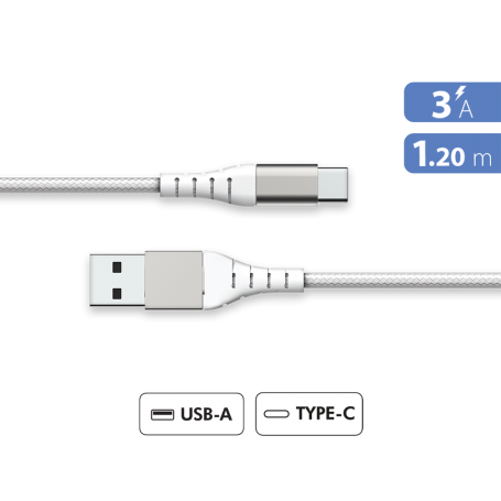 Câble Renforcé USB A/USB C 1,2m 3A Blanc - Garanti à vie - 100% Plasti