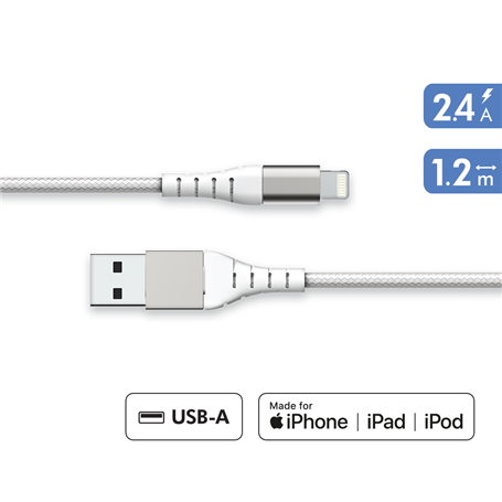 Câble Renforcé USB A/Lightning 1,2m 2.4A Blanc - Garanti à vie - 100%