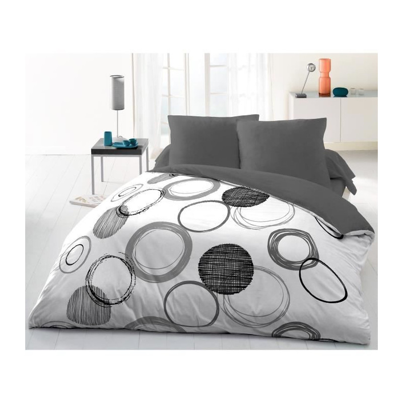 Jeu de draps Home Linge Passion Blanc Cercles Gris clair 220 x 240 cm