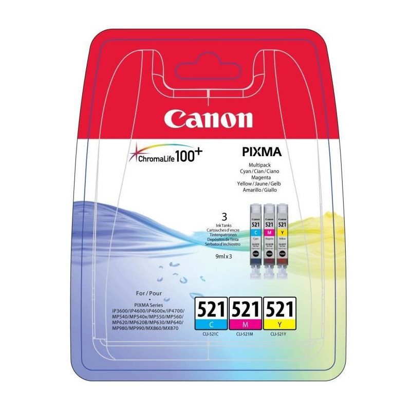Canon Pack de 3 cartouches d'encre CLI-521 Cyan/Magenta/Jaune