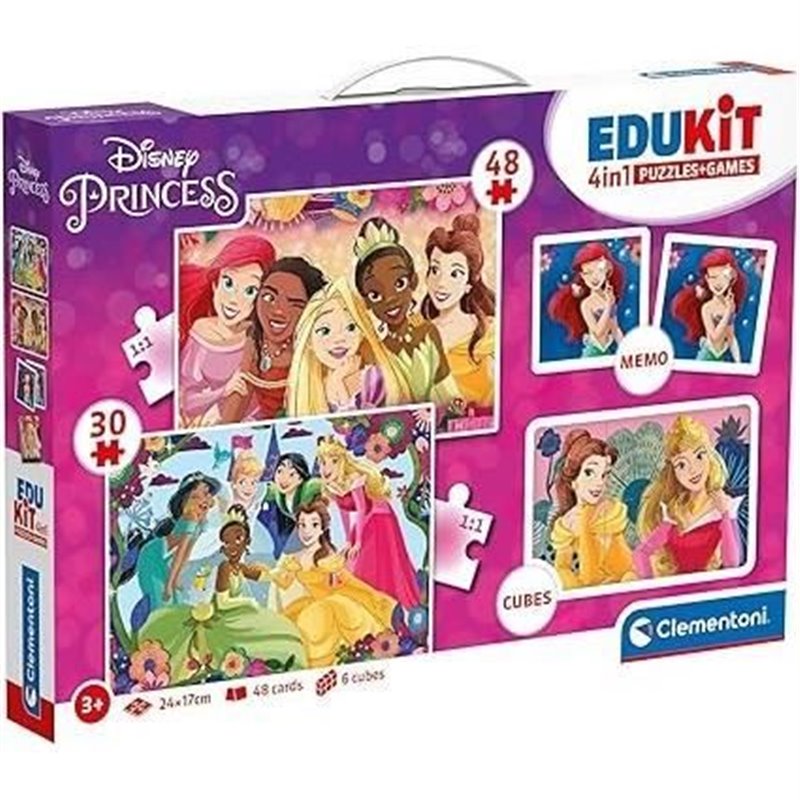 Clementoni - Edukit - Disney Princesses - Coffret apprentissage 4 en 1 - 2 puzzles, 1 mémo, 1 jeu de 6 cubes - Fabriqué