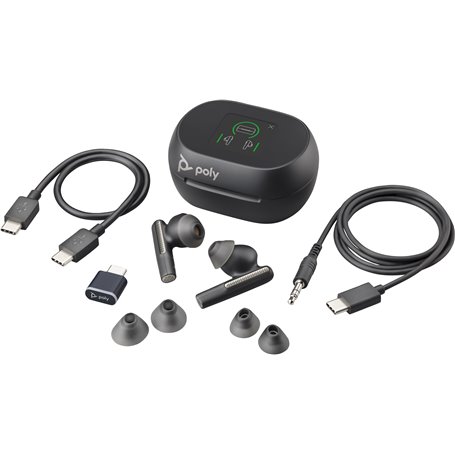 POLY Écouteurs noir charbon Voyager Free 60+ UC + adaptateur USB-C BT700 + étui de charge avec écran tactile