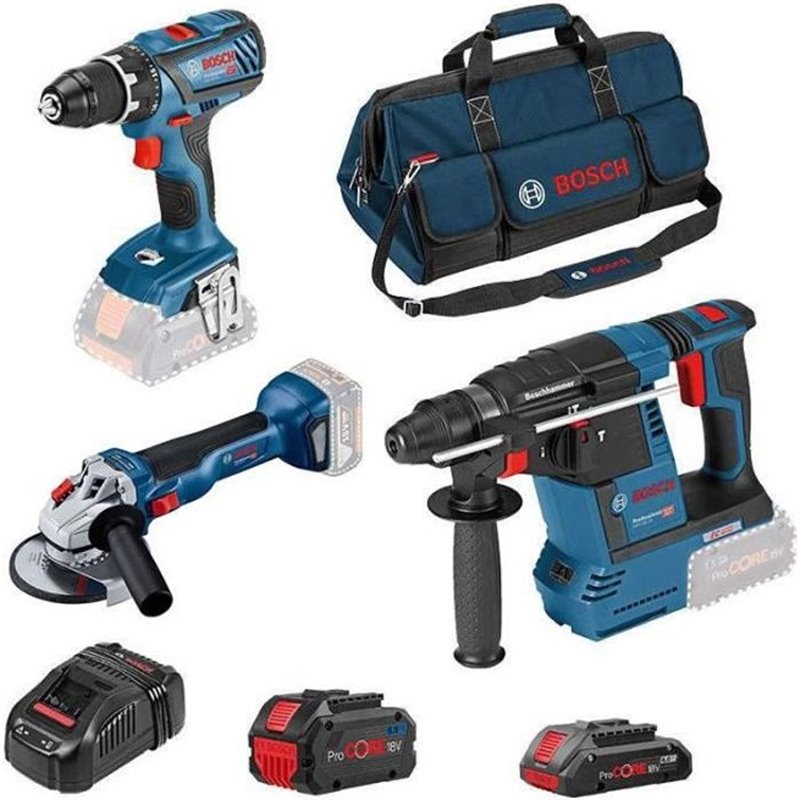 Bosch Pro 3 OUTILS : perceuse GSR 18V-55 + meuleuse GWS 18V-10 + perforateur GBH 18V-26 + 1xProCORE18V 8.0Ah GAL 1880 C