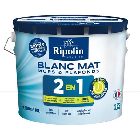 RIPOLIN MUR ET PLAFOND BI COUCHE  2EN1 ACRYL BLANC MAT 10 L