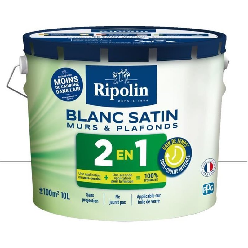 RIPOLIN Peinture blanche pour murs et plafonds avec sous-couche intégrée - Blanc satin - 10 L