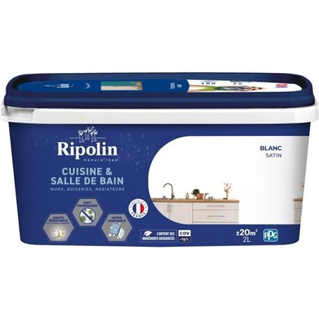 Peinture murs, boiseries, plafonds, radiateurs - RIPOLIN - Cuisine et bain - 2 L - Blanc