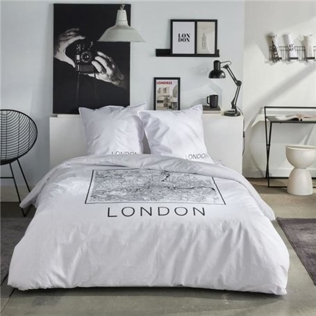 Parure de lit - TODAY - JAVA - 2 personnes - 240x220 cm - Coton - Imprimé London - Blanc