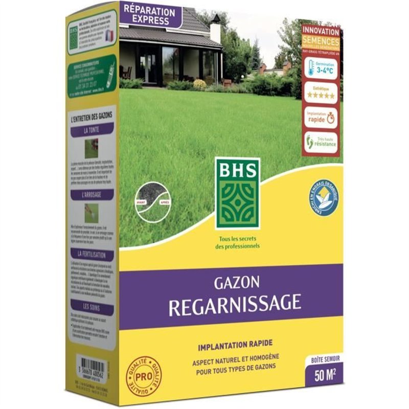 Gazon Regarnissage Terrain Sec - BHS - 1kg | 40 m² | Résistant et durable, avec excellente pérennité et tolérance aux piétinemen
