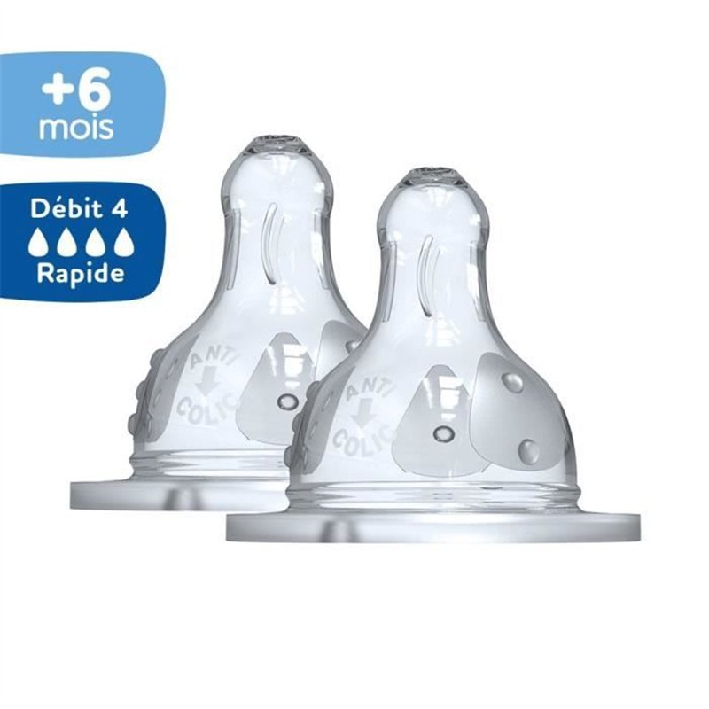 Image secondaire de Dodie Biberon Initiation+ Anti-Coliques 3 Vitesses Tétine Ronde Col Large Débit 4 +6m 2 tétines