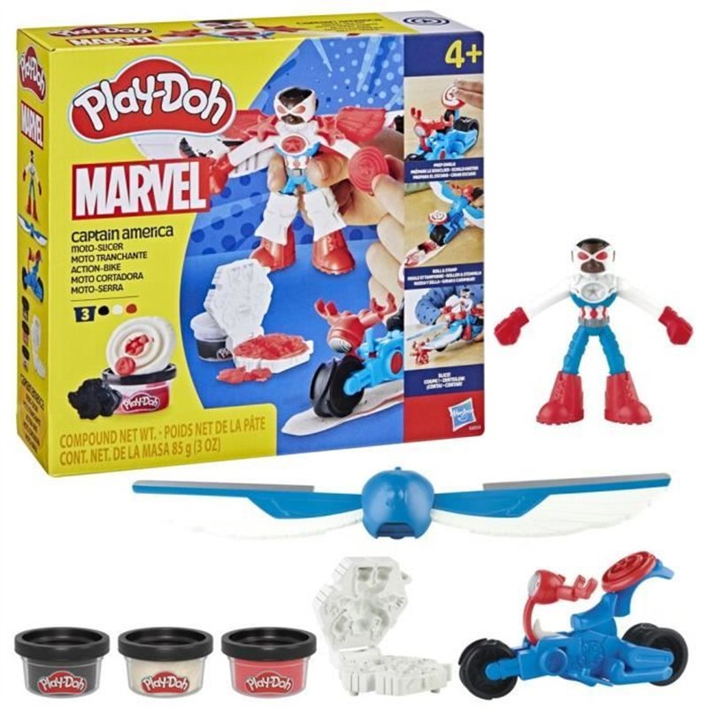 Play-Doh Captain America, coffret Moto tranchante avec figurine flexible, 3 accessoires et pâte a modeler, des 4 ans, Marvel
