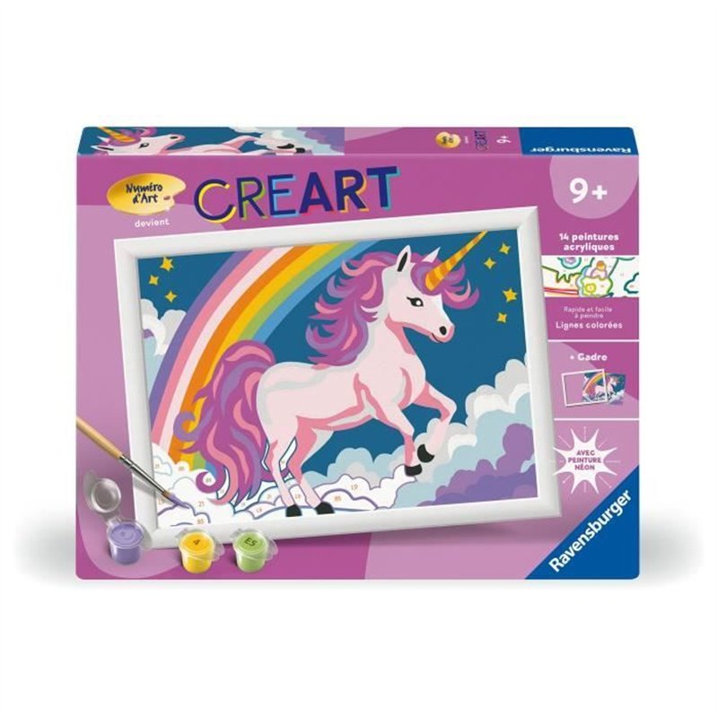 CreArt Kids 18x24cm Licorne Néon, Kit de peinture par numéros Numéro d'Art, Des 7 ans, 25904, Ravensburger