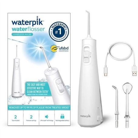 Waterpik WF-20 Pulse, Hydropulseur Sans Fil, Recommandé par l'UFSBD, Jet dentaire Rechargeable, Elimine la Plaque, Blanc