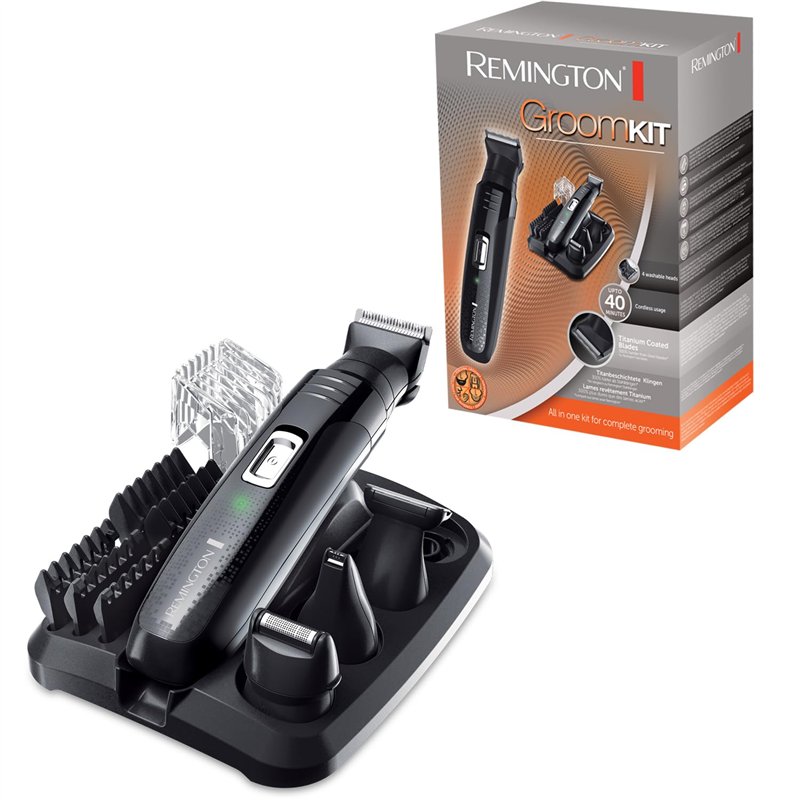 Remington Tondeuse Barbe [Multifonction 10 accessoires] GroomKit (Polyvalent: Poils du visage, 4 têtes interchangeables, Lames T