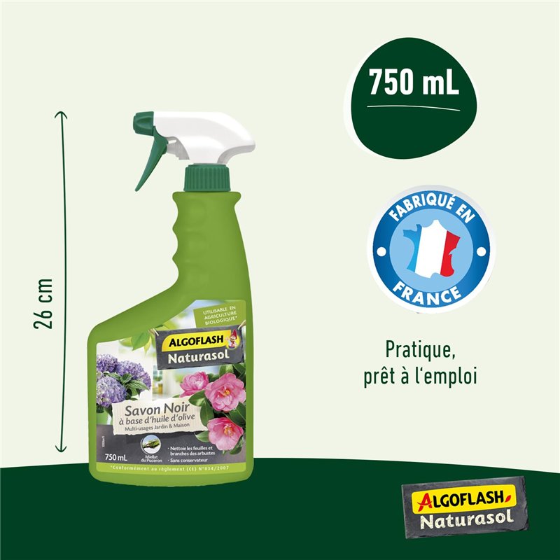 Image secondaire de ALGOFLASH NATURASOL Savon Noir prêt à l'emploi, pour jardin, plantes d’intérieur et entretien maison, Pulvérisateur 750 ml, BIOS