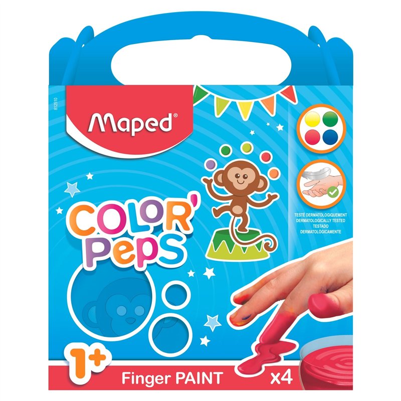 Maped Color'Peps 4 Pots de Peinture Doigt pour Bébé et Enfant dès 1 an - Gouache Pots de 80 gr - Nettoyage Facile à l'eau - Coul