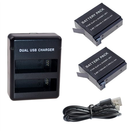 Suptig Lot de 2 Batteries et Chargeur Daul pour GoPro HERO4 Black/Gopro HERO4 Silver et Gopro AHDBT-401