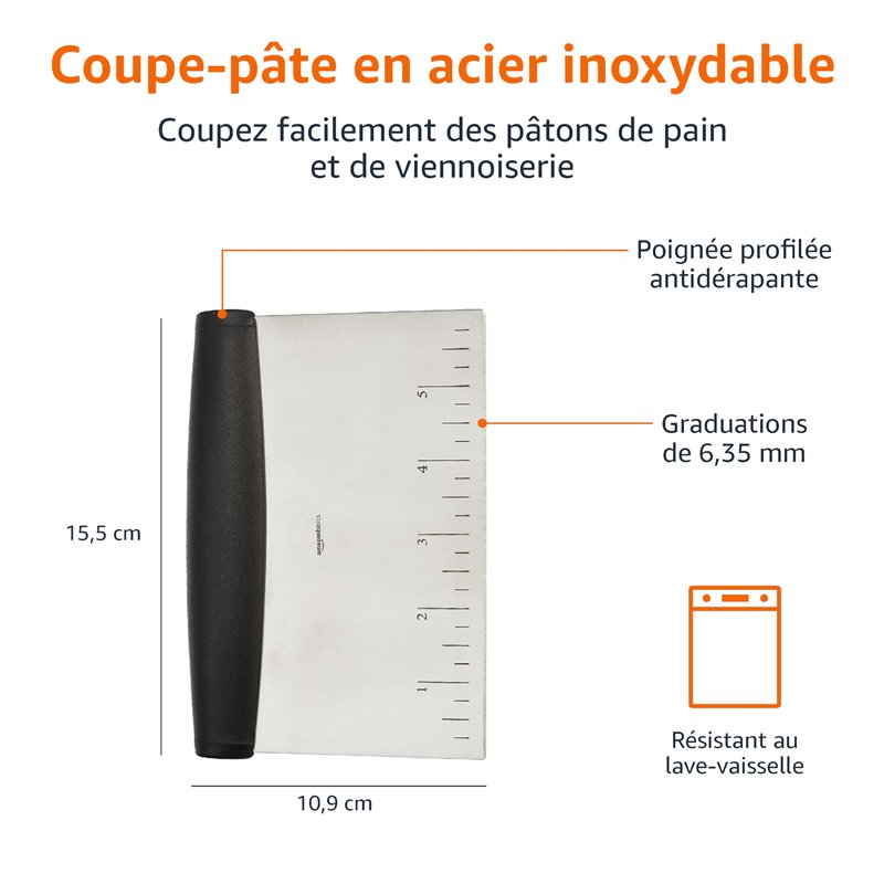 Image secondaire de Amazon Basics Coupe pâte de boulanger en acier inoxydable, 15.5 cm, Noir, Argenté