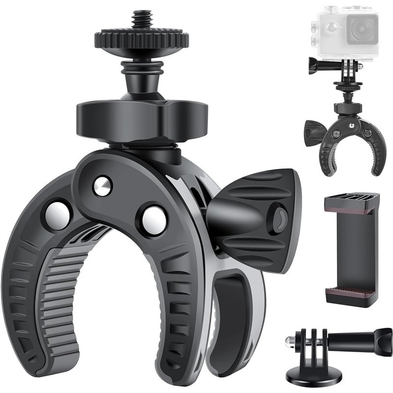 UTEBIT Support Guidon de Moto Vélo pour GoPro, 360° Rotatif Fixation Montage Support avec Support Telephone, Fixation Camera Cla