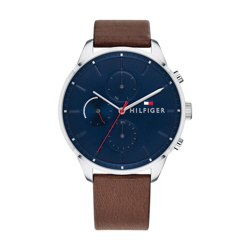 Tommy Hilfiger Montre Analogue Multifonctionnelle pour Homme - Bracelet en Cuir Marron, Cadran Bleu Marine de 44mm, Mouvement à 