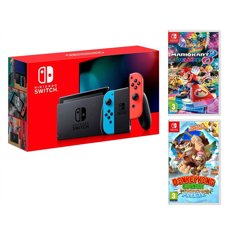 Nintendo Switch Console Rouge/Bleu Néon 32Go Pack + Mario Kart 8 Deluxe + Donkey Kong: Tropical Freeze