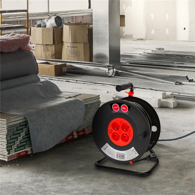 Image secondaire de Velamp REEL-FR-40 Rallonge Prolongateur électrique 40 m avec enrouleur 4 Prises 16 A section 3G1,5 mm² + coupe-circuit. Noir et 