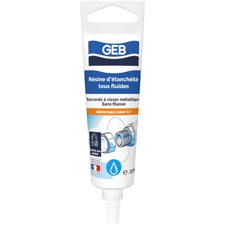 GEB Résine d'étanchéité tous fluides spécial eau potable. Sans filasse - Pour raccords métalliques à visser - Tube 20 ml