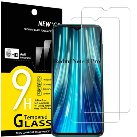 NEW'C Lot de 2, Verre Trempé pour Xiaomi Redmi Note 8 Pro, Redmi 9, Film Protection écran efficace contre les Rayures - sans Bul