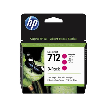 3ED78A Lot de 3 cartouches d'encre authentiques HP 712 magenta 29 ml avec encre HP d'origine, pour traceurs grand format DesignJ