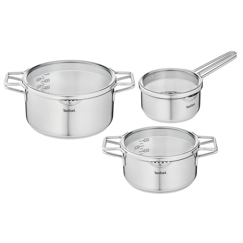 Tefal Nordica Batterie de cuisine 6 pièces Casserole 16 cm, Faitouts 20/24 cm en acier inoxydable garanti 10 ans, 3 couvercles v