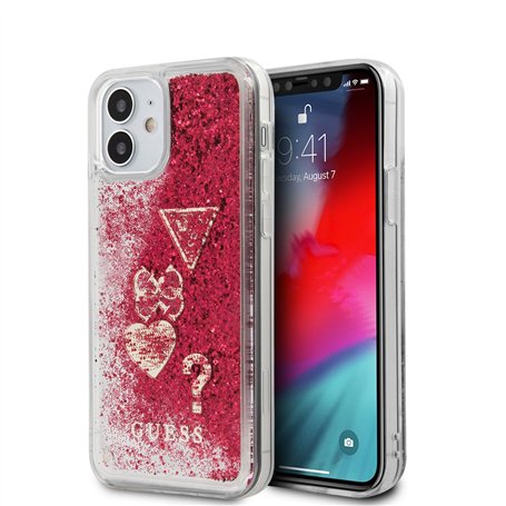 GUESS - Coque Rigide en PC/TPU Liquide pailleté avec Breloques cœurs - Framboise pour iPhone 12 Mini