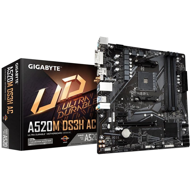 GIGABYTE A520M DS3H AC Carte Mère - Processeurs AMD Ryzen 5000 Series, VRM 5+3 Phases, jusqu'à 4733 MHz DDR5 (OC), 1xPCIe 3.0 M.
