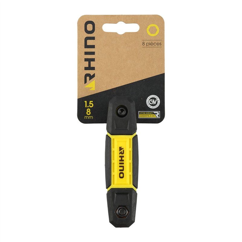 Rhino - Clés Allen - Lot de 8 clés mâle hexagonale, monture sans blocage de 8 clés allen - Diamètre 1.5 à 8 mm - Fabriqué en Aci