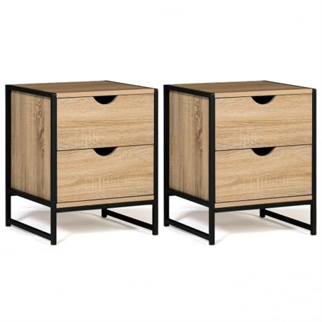 IDMarket - Lot de 2 Tables de Chevet Detroit 2 tiroirs Bois et métal Noir Design Industriel