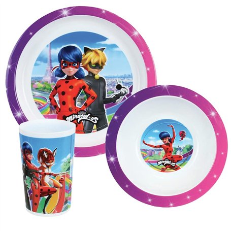FUN HOUSE 006081 MIRACULOUS LADYBUG ENSEMBLE REPAS COMPOSE D'UNE ASSIETTE PLATE Ø 22 CM, D'UNE ASSIETTE CREUSE Ø 16 CM ET D'UN V