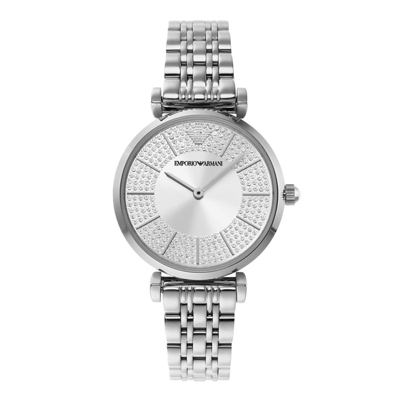 Emporio Armani Montre pour femme, mouvement à deux aiguilles, boîtier en acier inoxydable argenté de 32 mm avec bracelet en acier