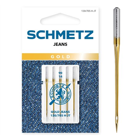 SCHMETZ Aiguilles pour machines à coudre | 5 Aiguilles Gold Jeans | 130/705 H-JT | Grosseur d'aiguille 90/14 | utilisables sur t