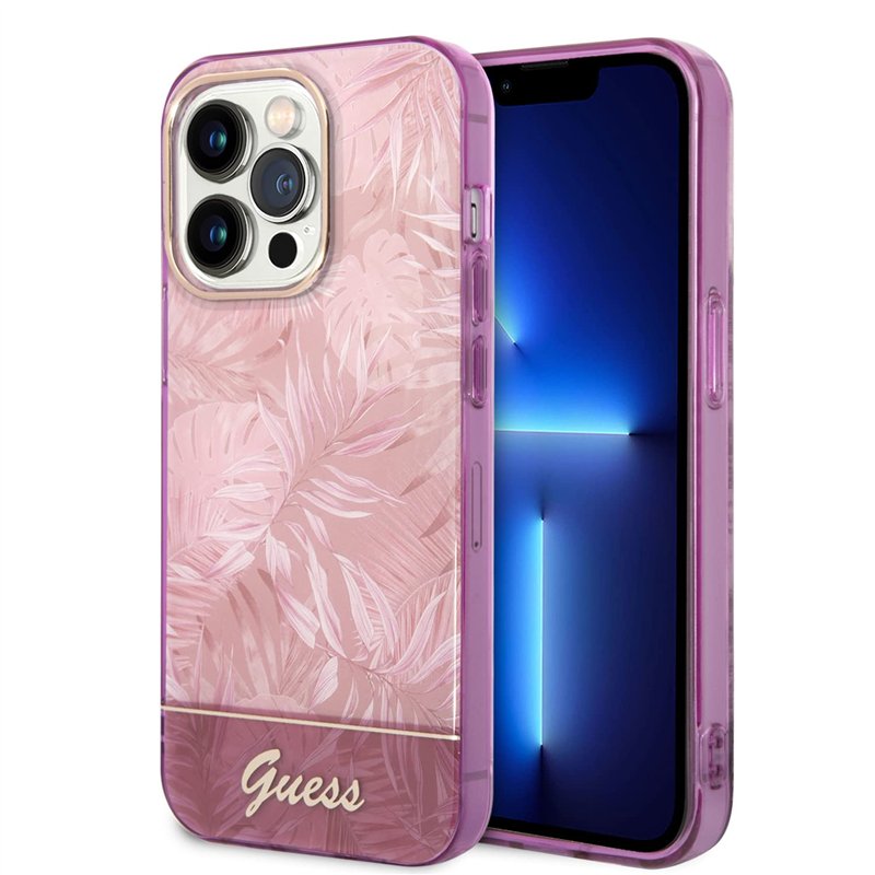 Guess Coque pour iPhone 14 Pro en Feuilles Roses IML, Anti-r