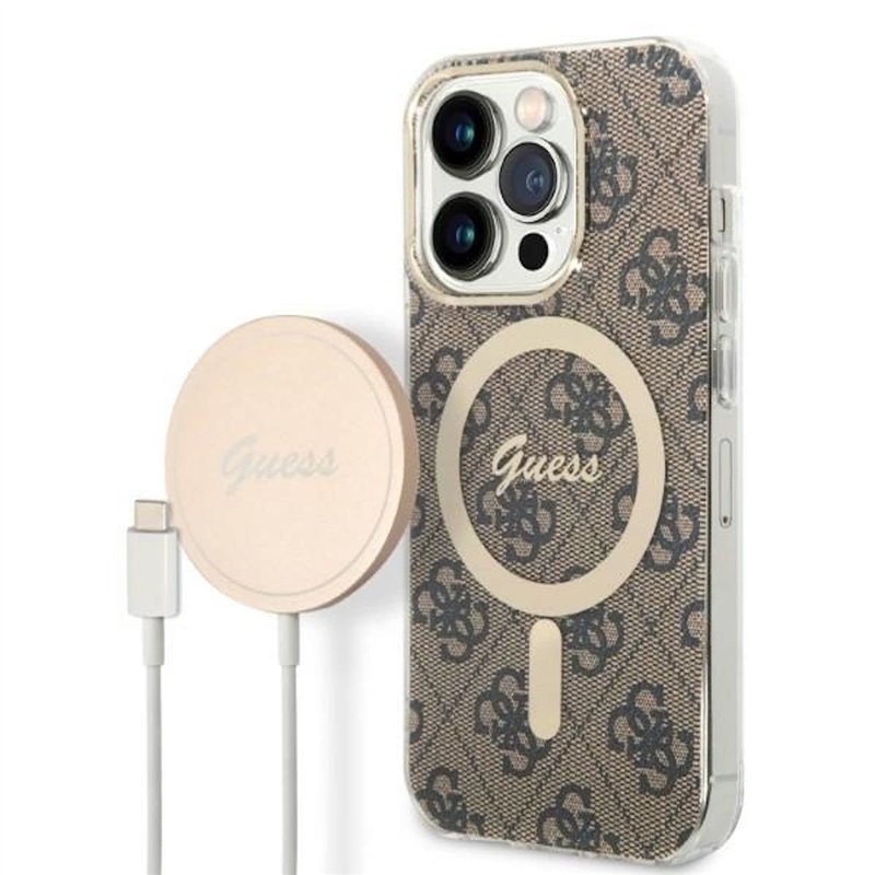 Guess Bundle Pack MagSafe 4G Coque iPhone 14 Pro + MagSafe Chargeur, Marron/Or