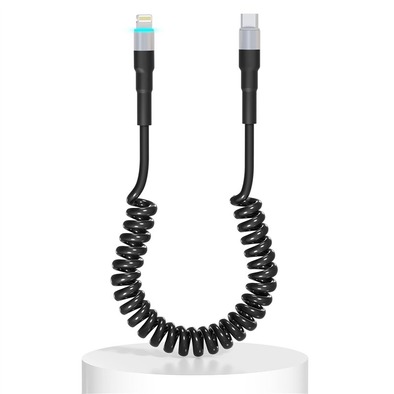 Cable USB C vers Lightning Spirale, Compatible Apple Carplay et certifié MFi, Câble Lightning USB C de voiture avec transmission