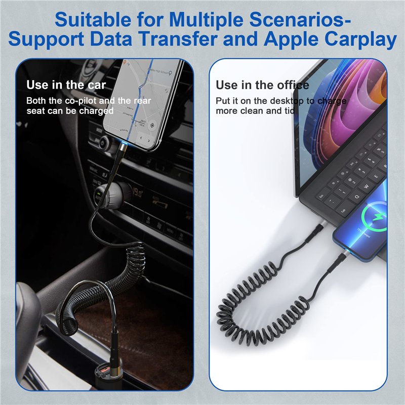 Image secondaire de Cable USB C vers Lightning Spirale, Compatible Apple Carplay et certifié MFi, Câble Lightning USB C de voiture avec transmission