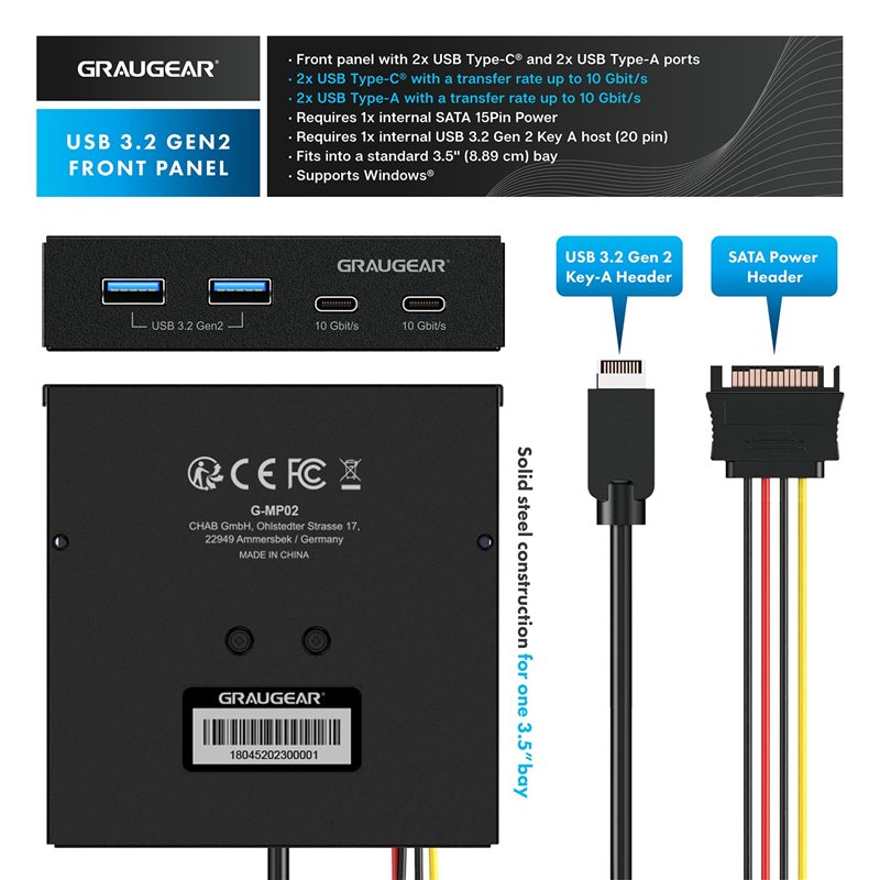 Image secondaire de GRAUGEAR Panneau Avant 4 Ports 10Gbit/s, 2X USB-C+2X USB-A HUB USB3.2 Gen2, Panneau Avant pour Baie 3,5 Pouces, USB3.2 Gen2 Key