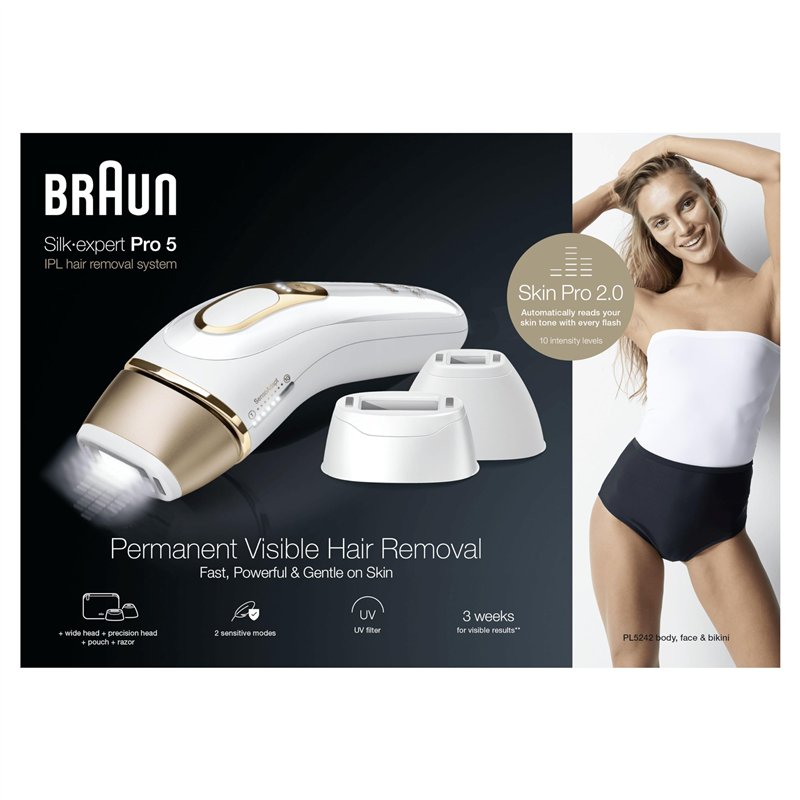 Image secondaire de Braun IPL Silk-Expert Pro 5 Épilation à la Maison Blanc/Or, Alternative à l'épilation laser, avec étui, Système de Rasage Vénus,