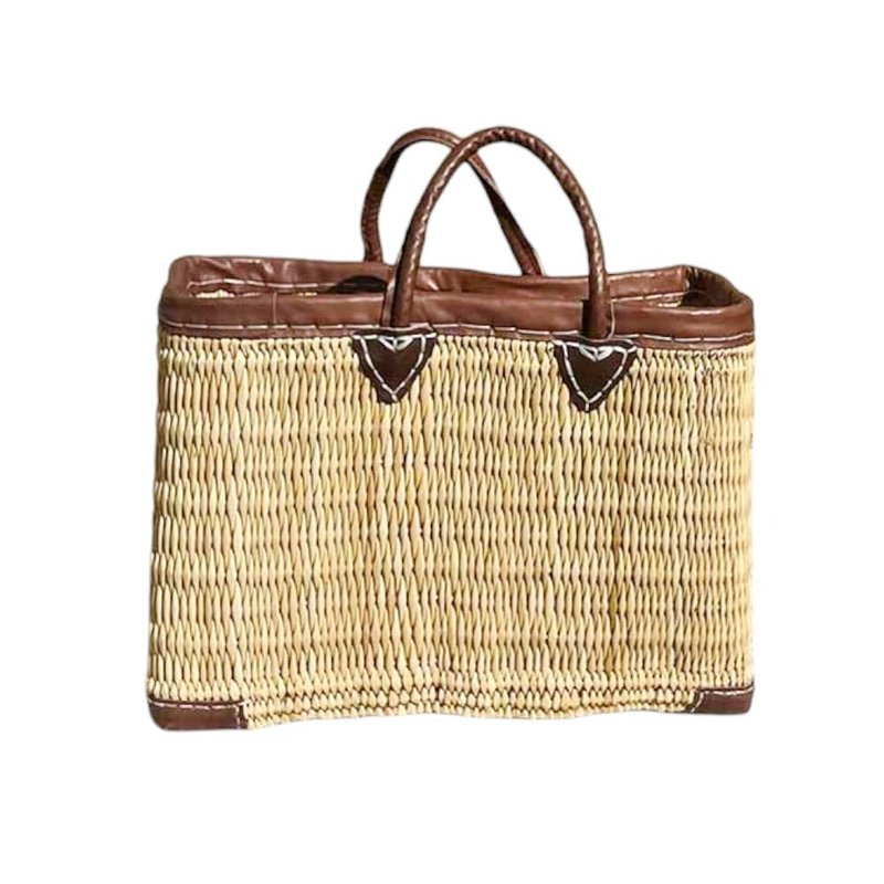 Image secondaire de Panier Tressé Cabas de Plage Rectangulaire et Évasé en Jonc Naturel avec Finitions et Poignées en Cuir