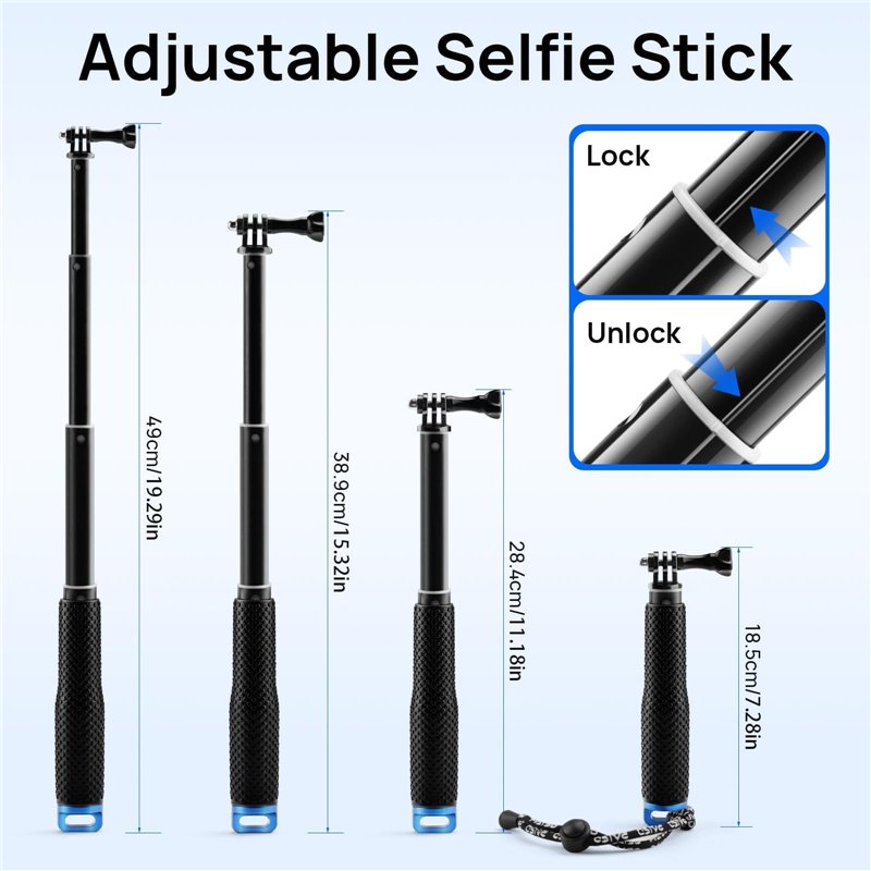 Image secondaire de GlasFlength Perche à Selfie pour GoPro Hero 12 11 10 9 8 Black, Perche Telescopique Selfie Stick pour Insta360/X3/One DJI Mini 3