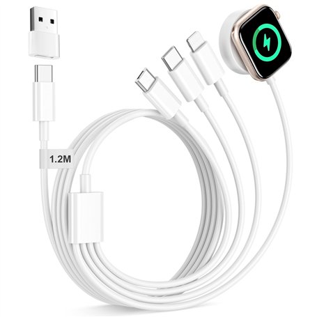 BLITEZZ 4 en 2 Cable Multi pour Chargeur Apple Watch et Phone, 1.2M Cable Multi Chargeur avec Câble USB C/Câble iPhone/Apple Wat