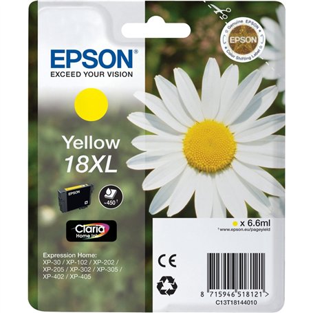 Epson 18XL Pâquerette Jaune, Cartouche d'encre d'origine XL Haute capacité, XP-30 XP-102 XP-202 XP-212 XP-215 XP-225 XP-302 XP-3